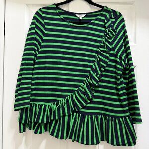 Crown & Ivy Green & Navy Striped Ruffled Long Sleeve Shirt Size M